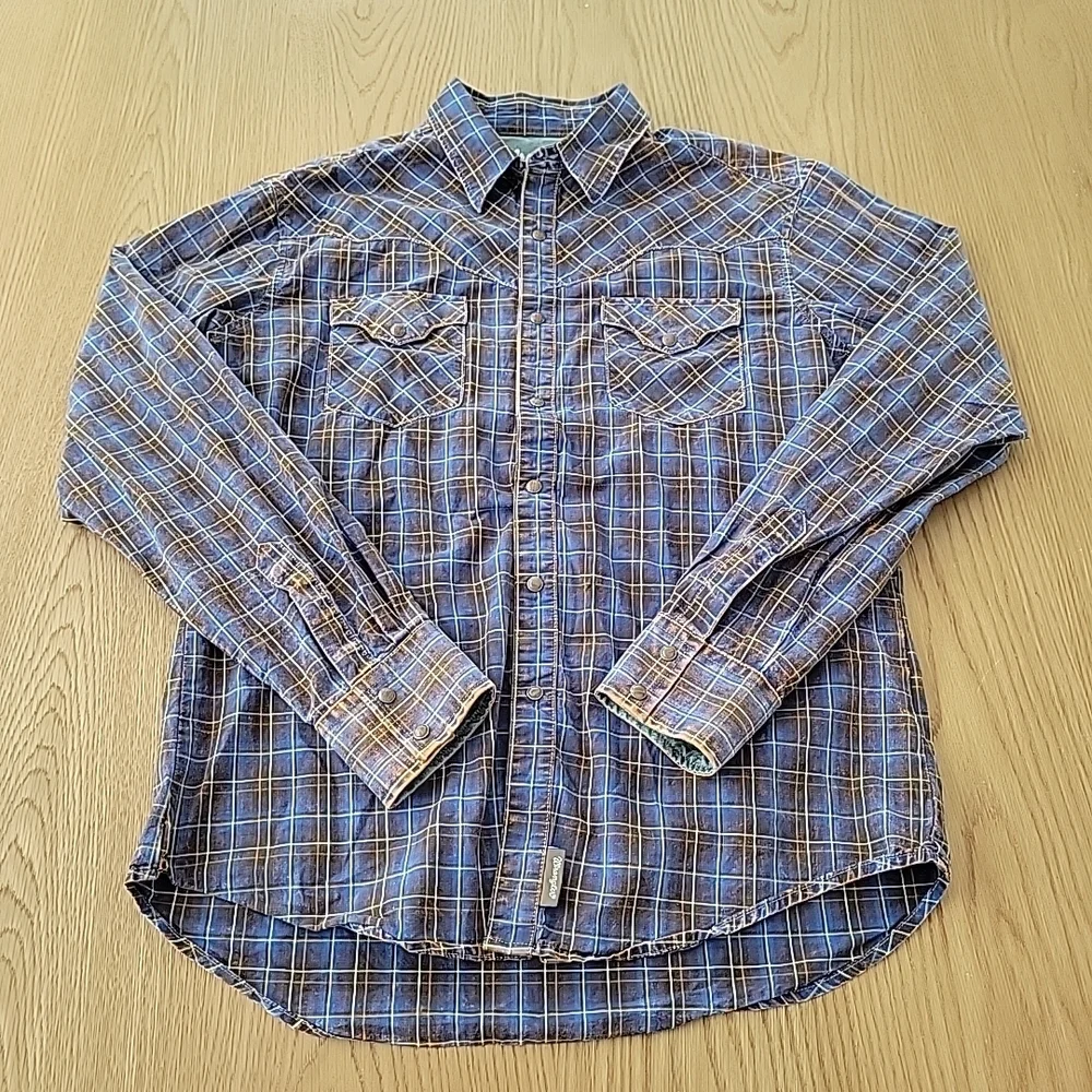 Wrangler Retro Premium Shirt Mens Large Blue Plaid Western Pearl Snap Rodeo Rust